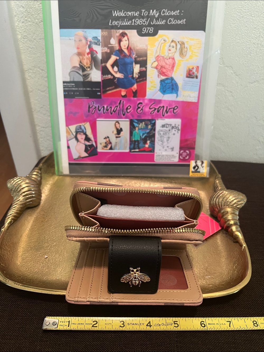 #2001**& Pink/Black Striped Compact Wallet with Gold Charm Bee Accent - Picture 7 of 12